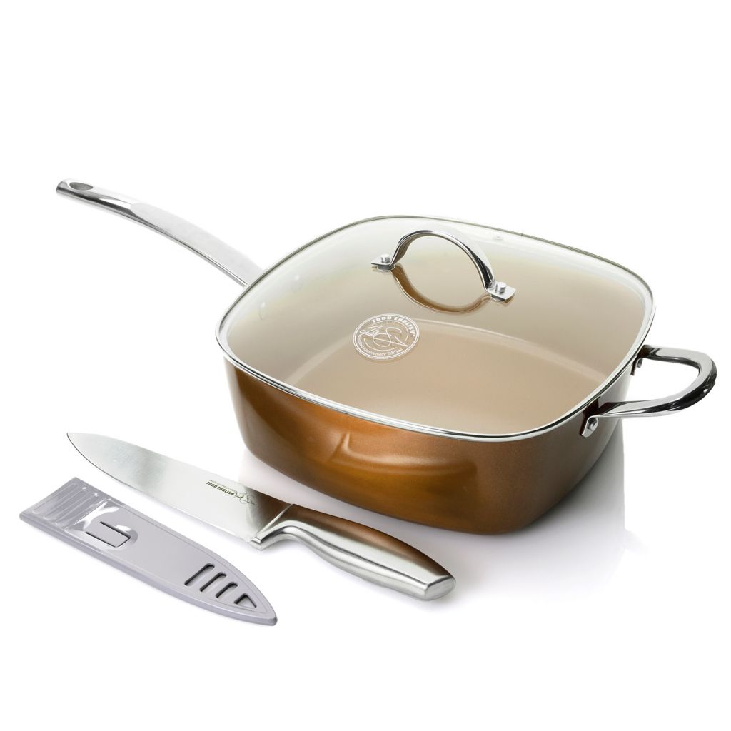 As Is Todd English 2nd Anniversary Ed. Ceramic Nonstick 11 Covered Square  Pan w/ 8 Chef's Knife 