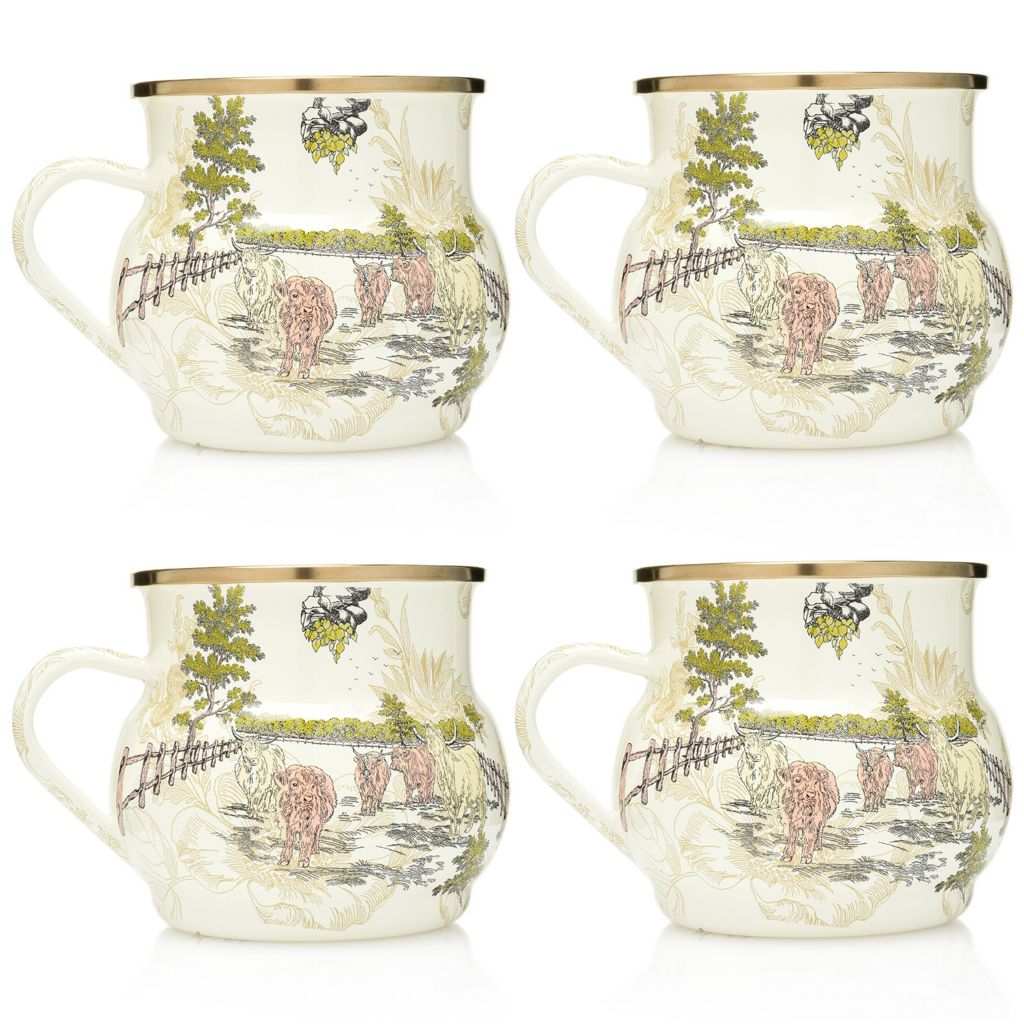 Mackenzie Childs Aurora Set Of 4 16 Oz Hand Decorated Enamelware Mugs Shophq