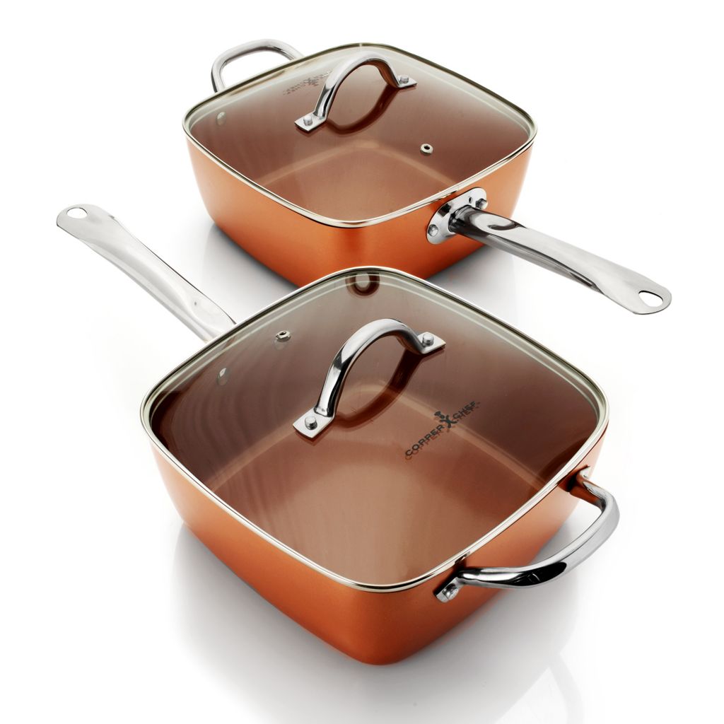 Copper Chef KC15053-04000 5 Piece Cookware Set - 9.5 Deep Square Frying Pan  with Non stick Ceramic Coating, Includes Glass Lid, Fry Basket, Steamer  Rack & Recipe Book