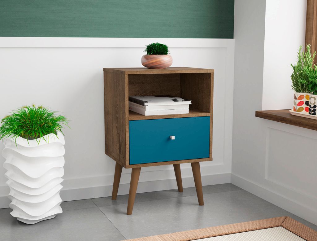 Manhattan Comfort Liberty Rustic Brown Aqua Blue 1 Drawer Nightstand Shophq