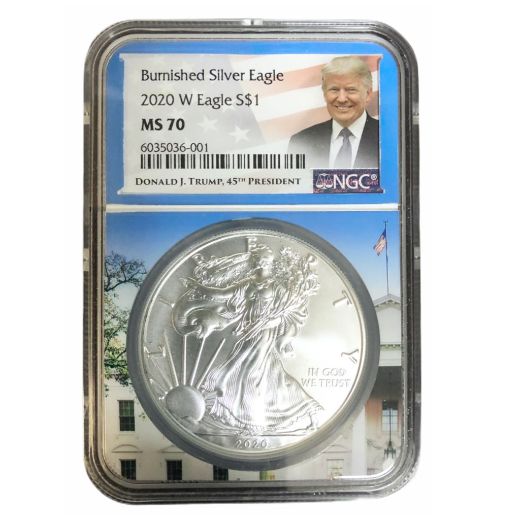 2020 NGC MS70 Burnished Silver Eagle in Whitehouse Core & Trump