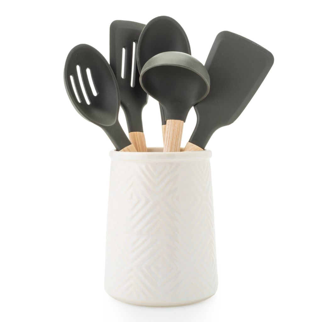 Cravings by CTG 5-Piece Silicone & Wood Utensil Set w/ Crock, Size: 6 PC, White