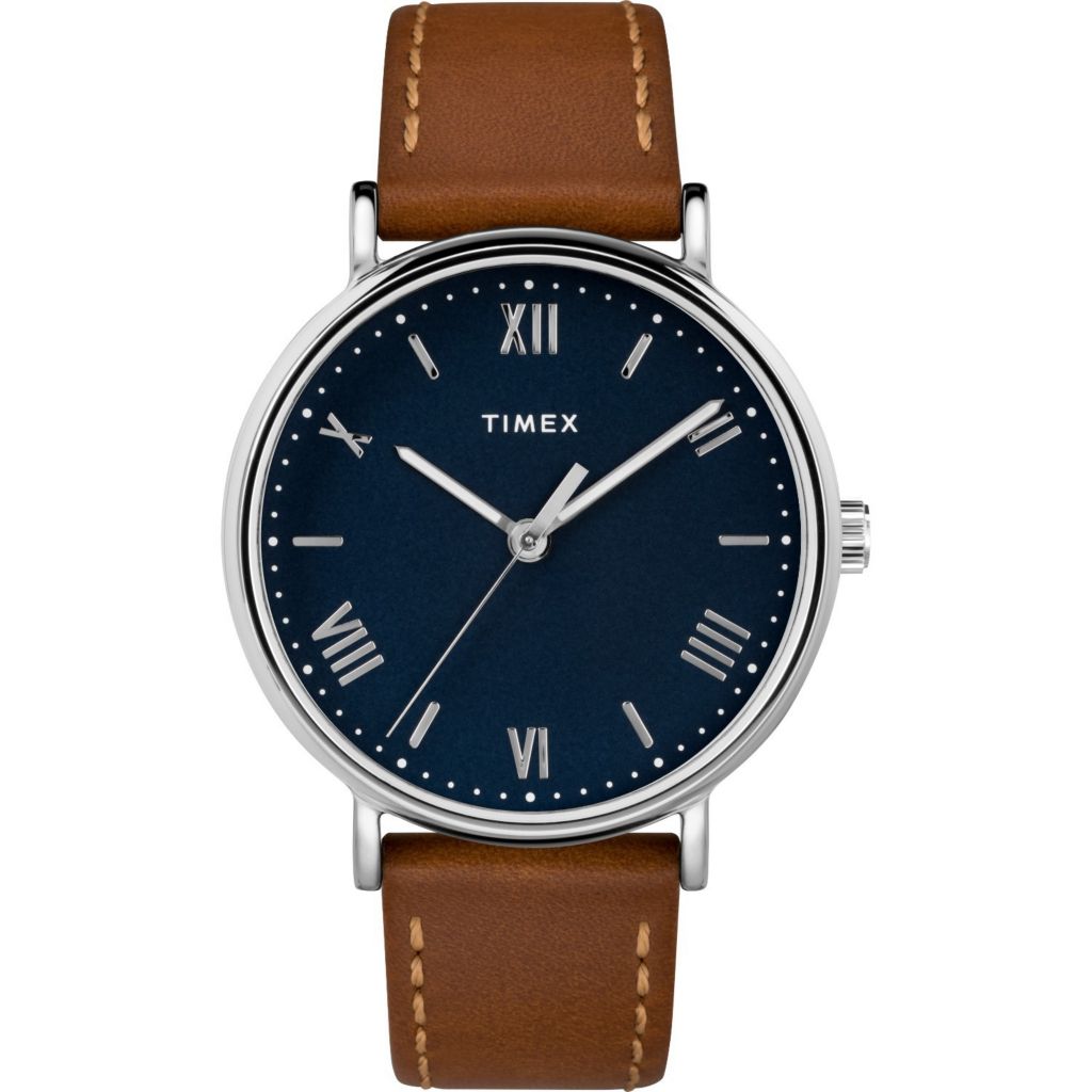 blue watch with brown leather strap