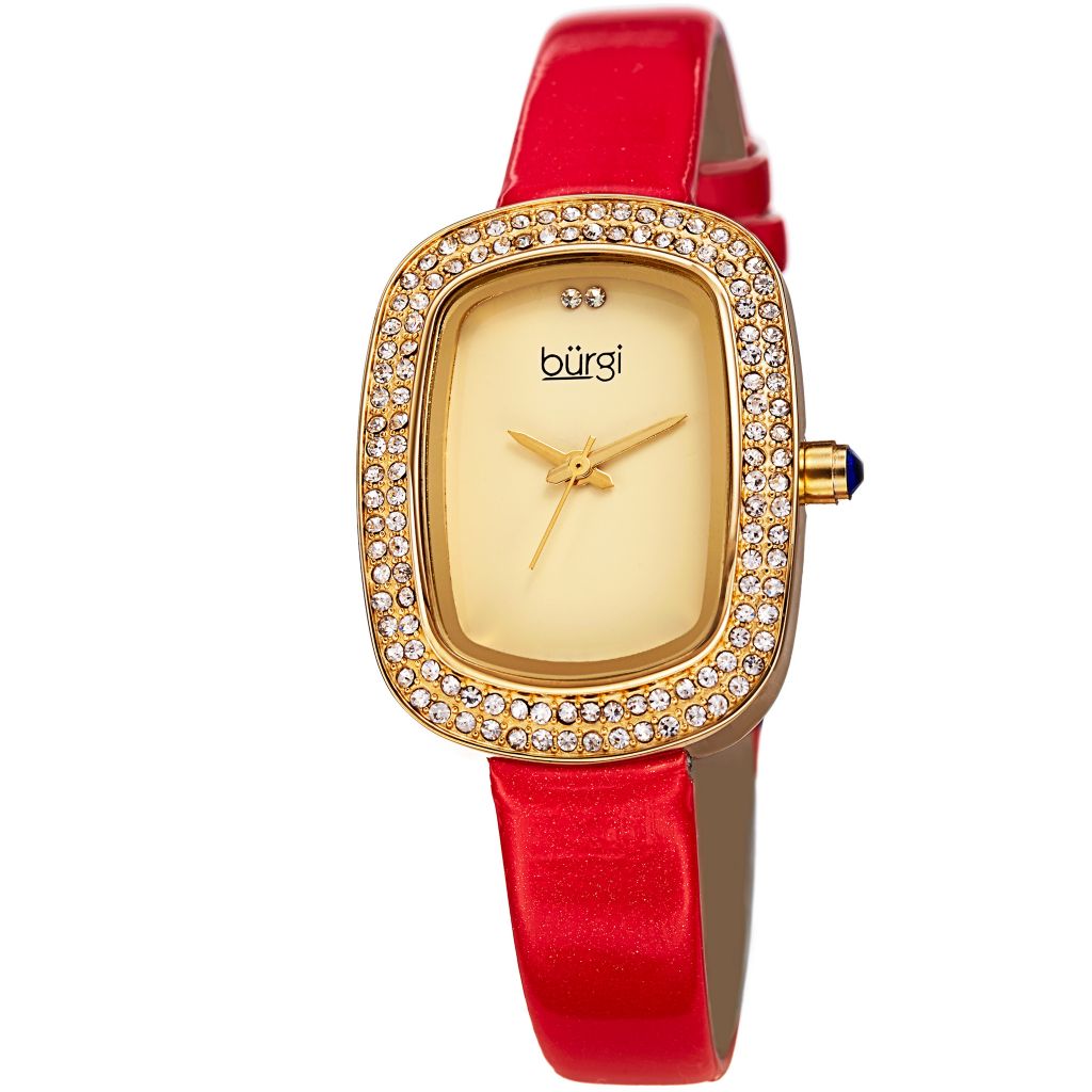 Burgi Women s Rectangular Quartz Crystal Accented Red Leather Strap Watch ShopHQ