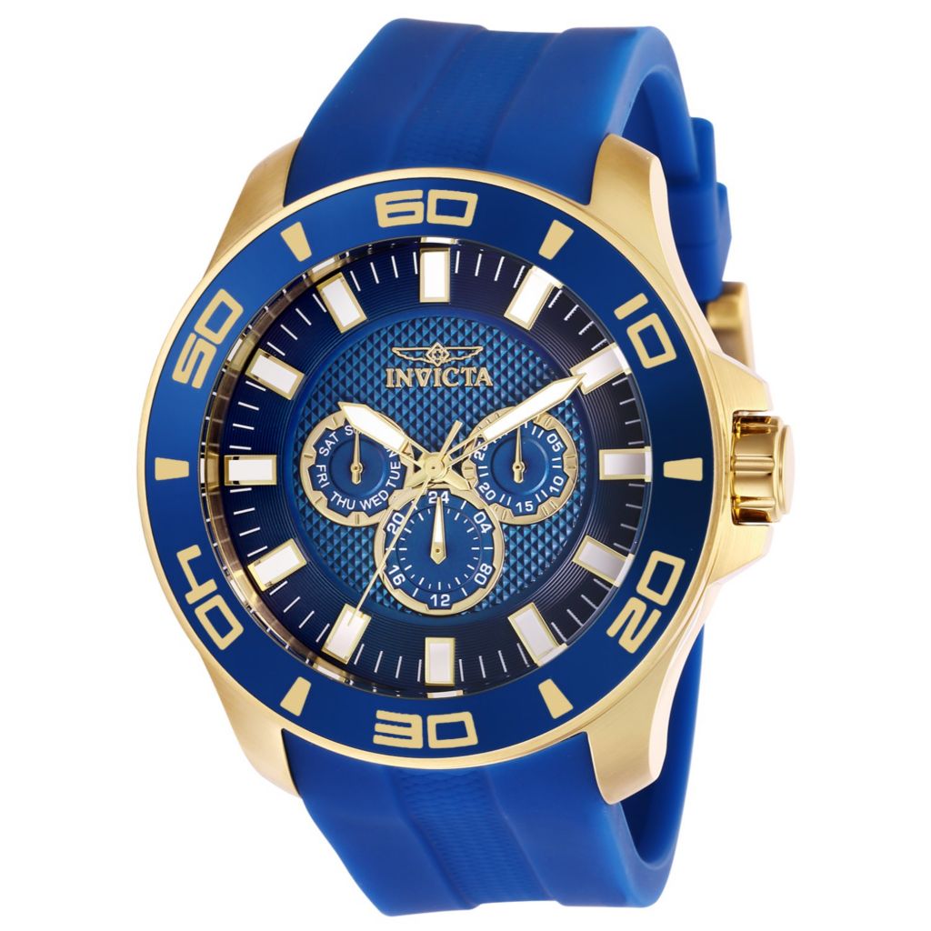 Invicta Men S 50mm Pro Diver Quartz Day Gold Tone Case Blue Silicone Strap Watch Shophq