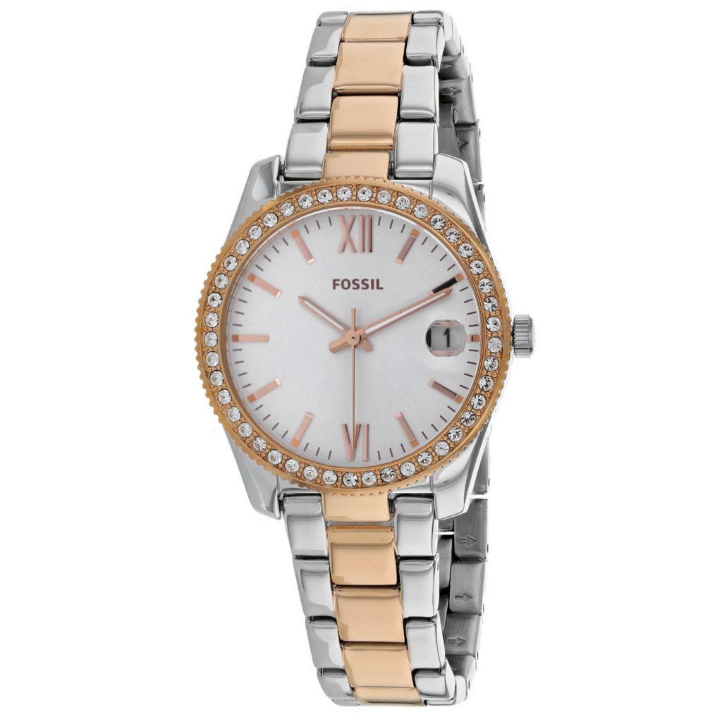 Fossil Women S Scarlette Quartz Two Tone Crystal Accented Stainless Steel Bracelet Watch Shophq