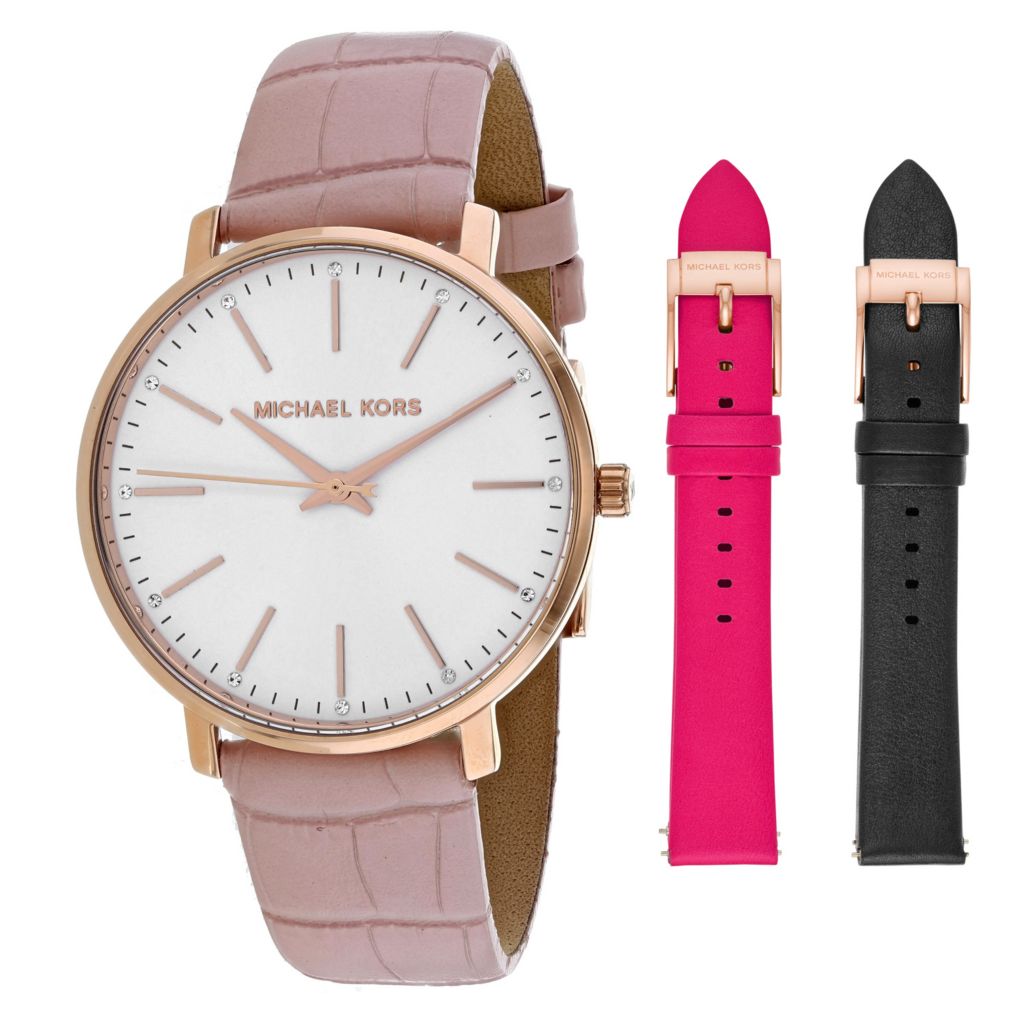 michael kors women's pyper black leather strap watch 38mm