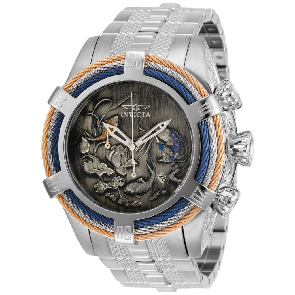 Invicta Men s 53.8 Bolt Quartz Koi Pond Patterned Dial Date Silver tone Bracelet Watch ShopHQ