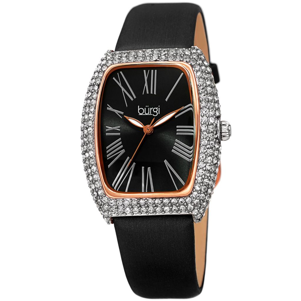 Burgi Women's Tonneau Quartz Leather Strap Watch Made w/ Swarovski