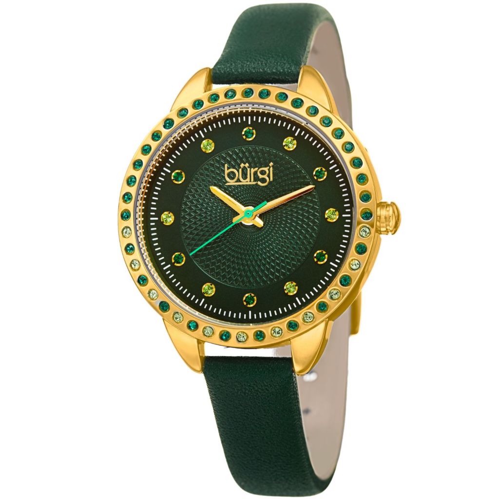 Burgi Women's Quartz Green Leather Strap Watch Made w/ Swarovski