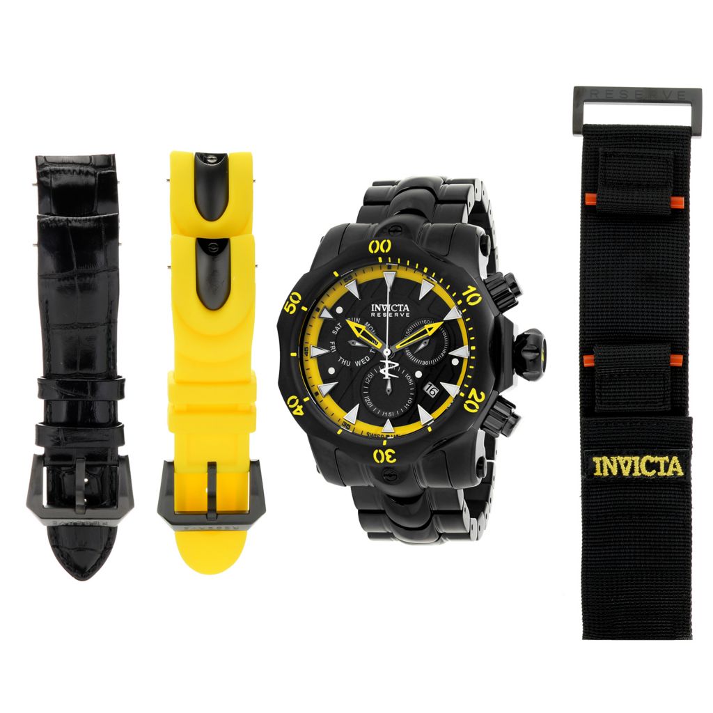 Invicta Reserve 54mm Venom Black Label Swiss Quartz Chrono Watch W 4 Piece Band Set 3 Slot Dc Shophq