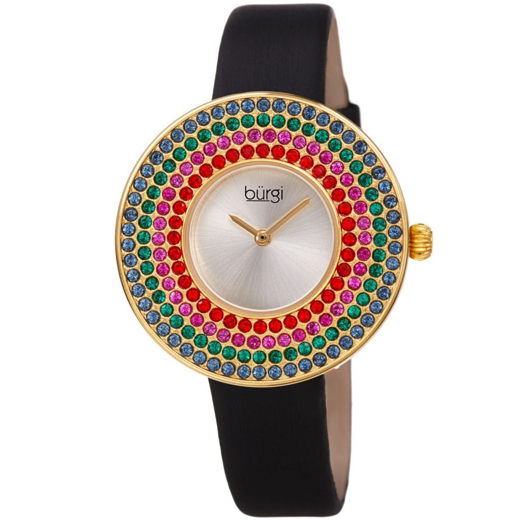 Burgi Women s Quartz Satin Over Leather Strap Watch Made w Swarovski Crystals ShopHQ