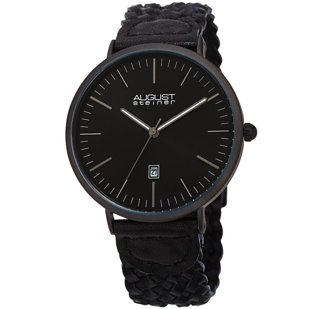 August Steiner Men s 42mm Quartz Date Braided Leather Strap Watch