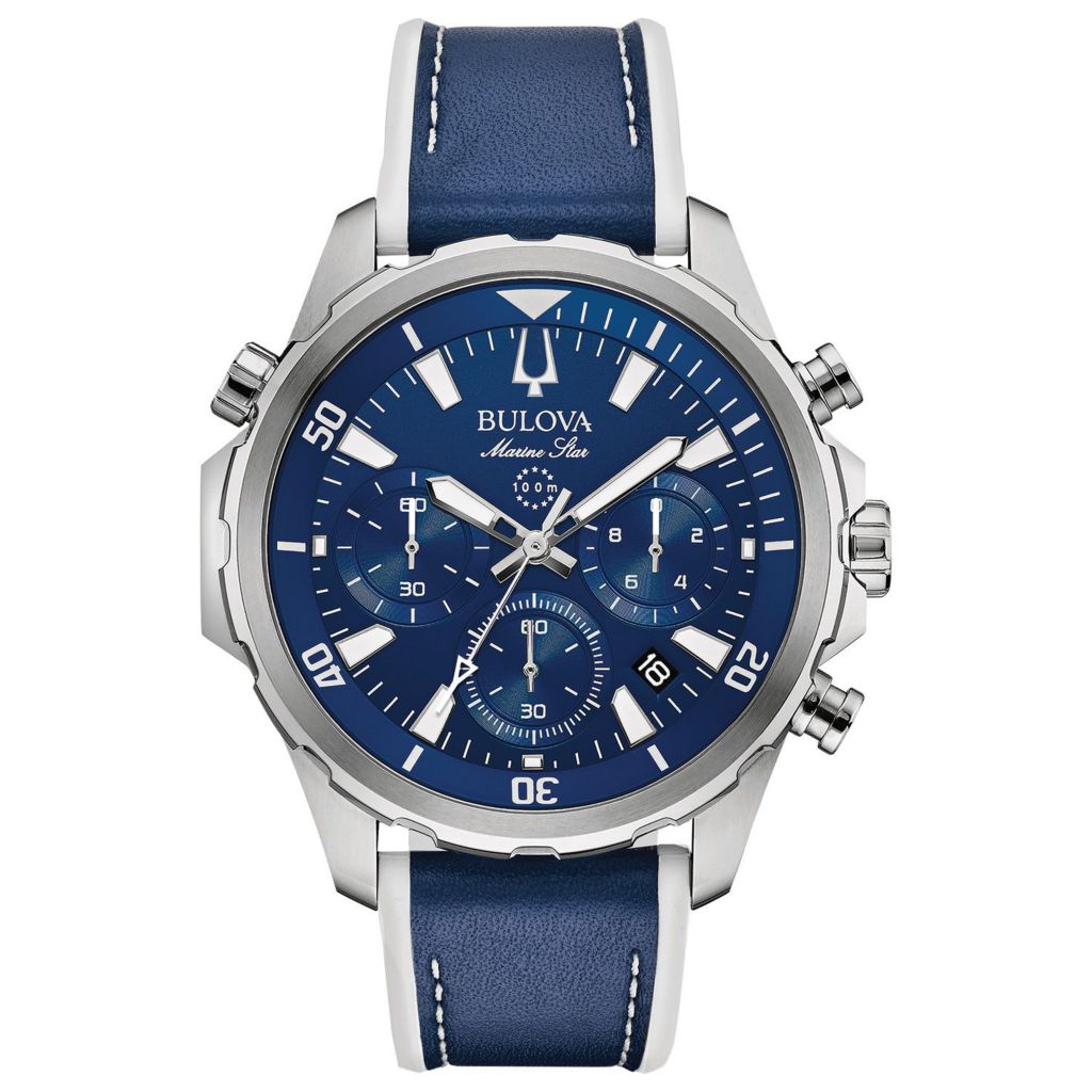 Bulova Men s 43mm Marine Star Quartz Chronograph Strap Watch ShopHQ