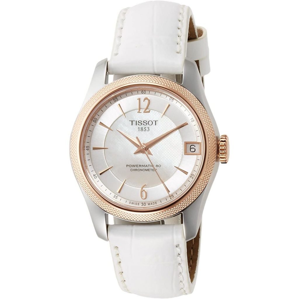 Tissot Women s T Classic Ballade Swiss Made Automatic Date MOP Dial White Leather Strap Watch