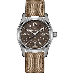 Hamilton 42mm Khaki Field Swiss Made Automatic Date Brown Canvas Strap Watch
