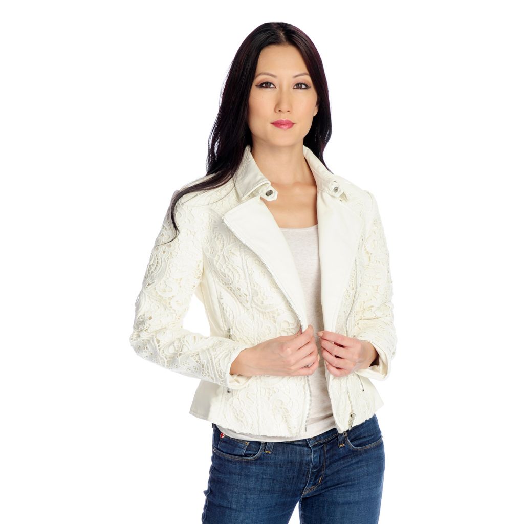 Kate & Mallory® Faux Leather Long Sleeve Lace Detailed Zip Front Jacket