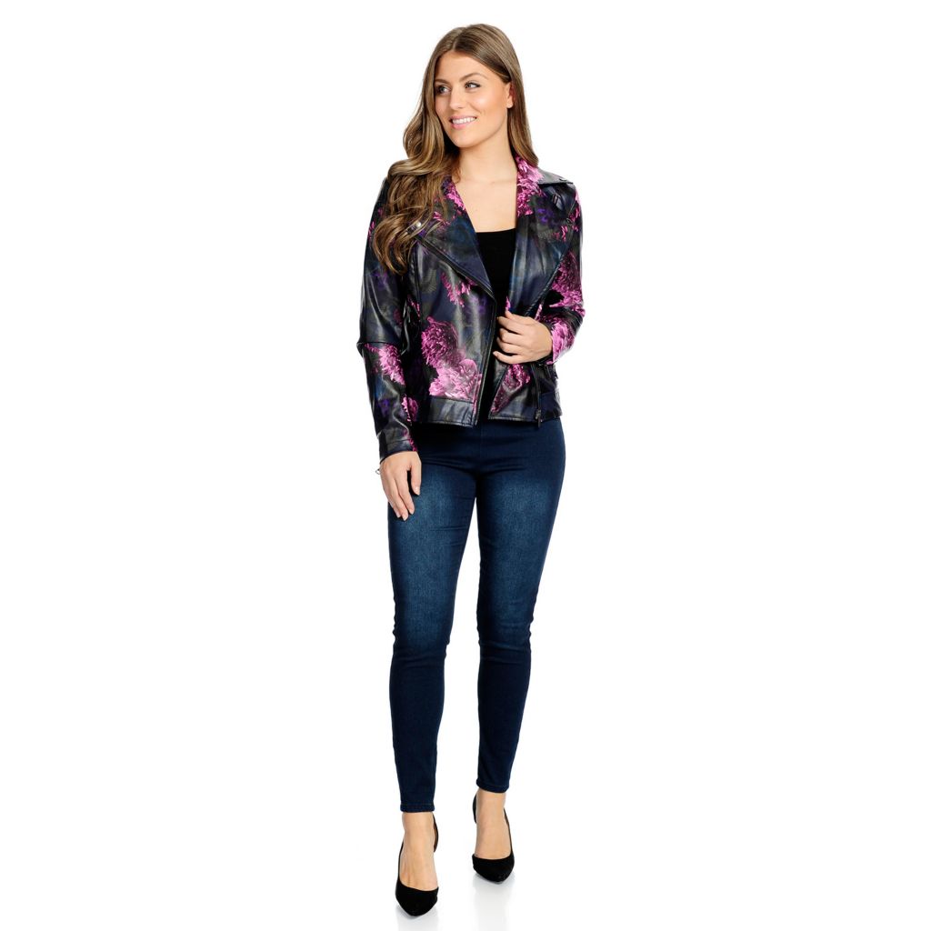 Purple floral bomber jacket outfit