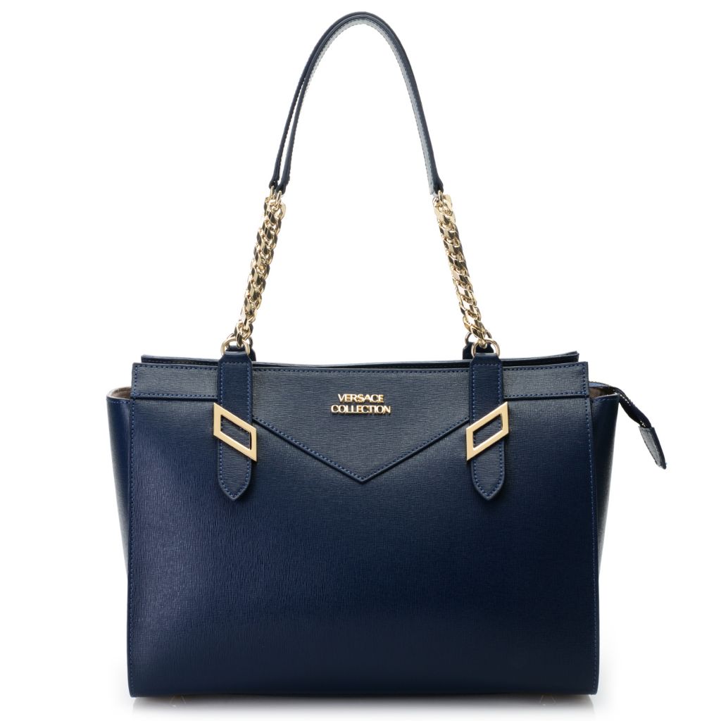 Versace Collection Saffiano Leather Chain Detailed Zip Top Tote Bag on sale at shophq 739 959