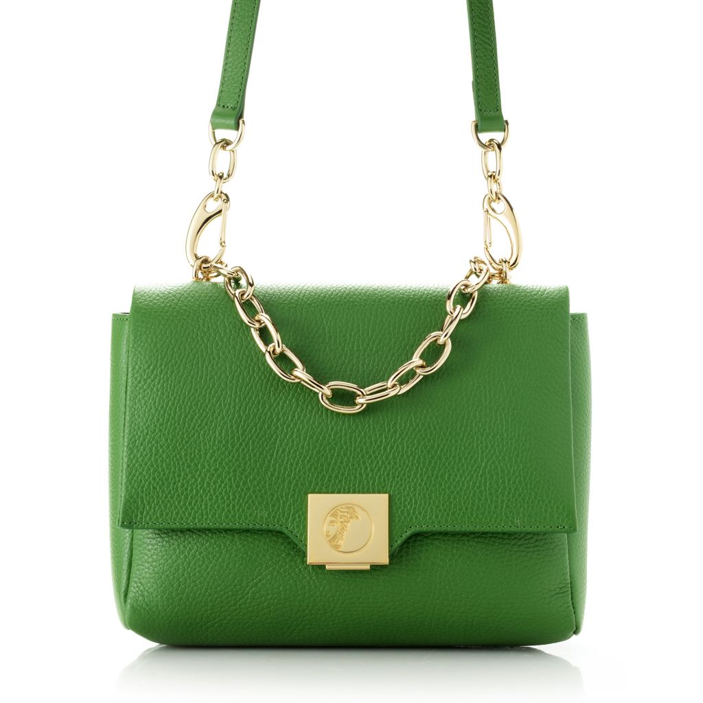 Versace Collection Pebbled Leather Flap over Chain Top Handle Bag w Removable Strap on sale at shophq 739 961