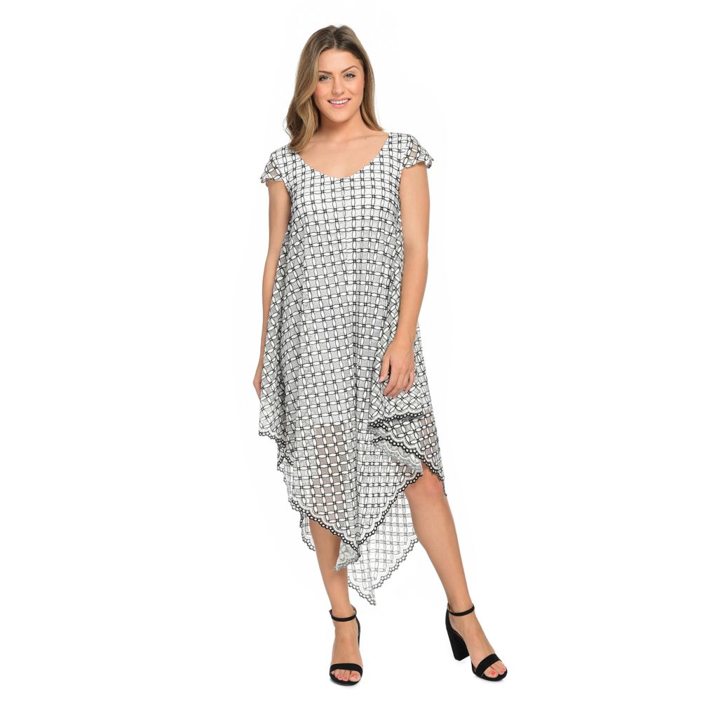 Marc Bouwer Patterned Mesh Cap Sleeve V Neck Asymmetrical Hem Knit Lined Dress Shophq