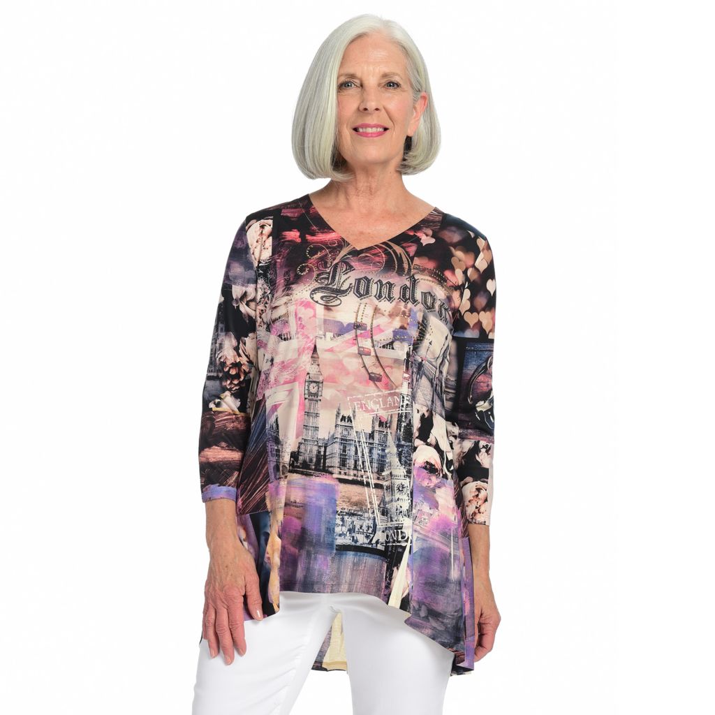 One World Destination Printed Knit 3/4 Sleeve V-Neck Embellished Top 