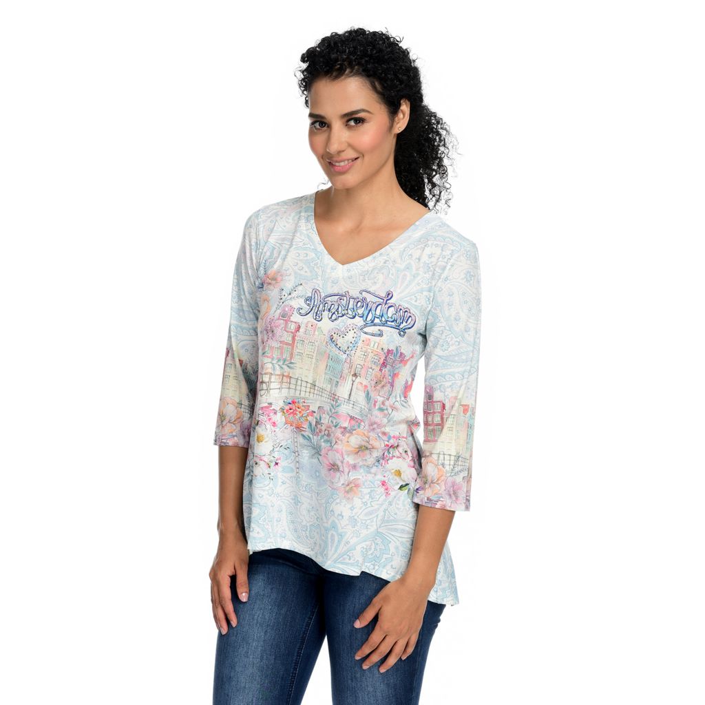 One World Printed Knit Short Sleeve Cage Drape Back Top on sale at  shophq.com - 763-690 in 2023