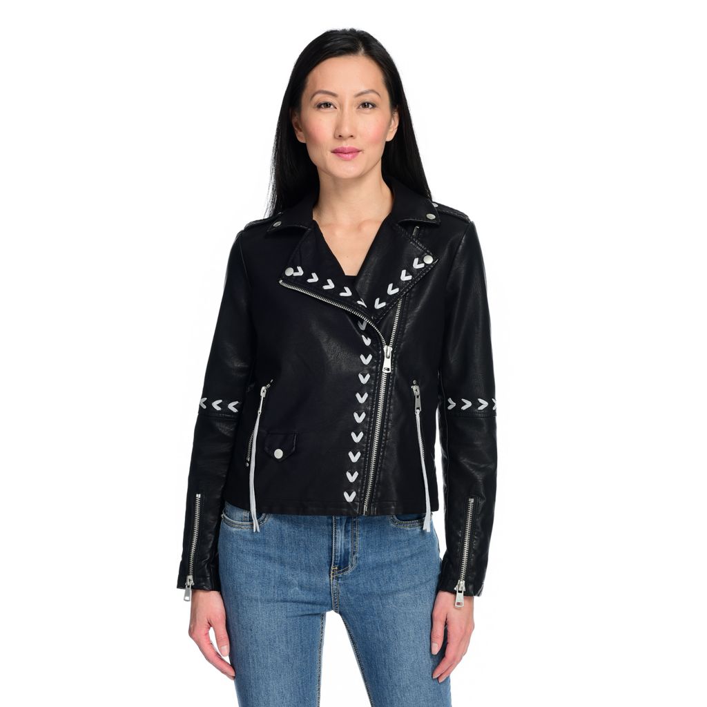 m d x Faux Leather 3 Pocket Zipper Lace up Detailed Moto Jacket