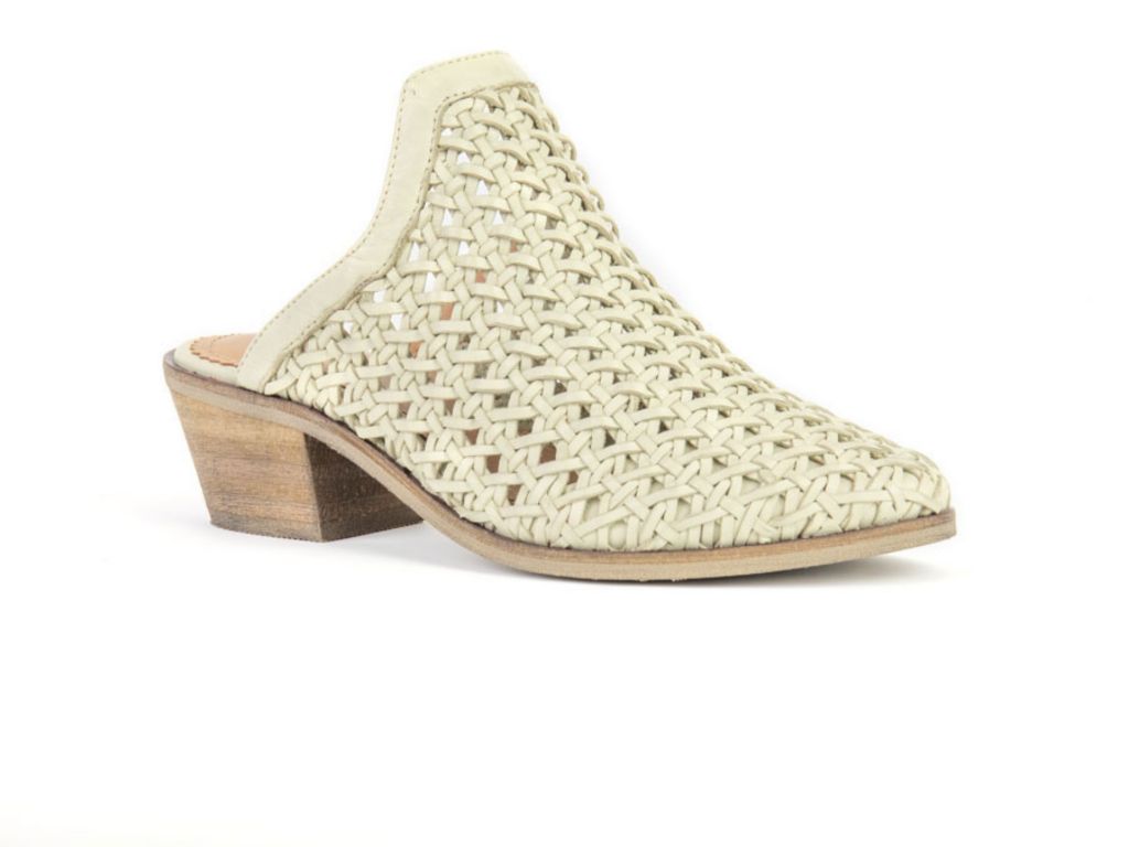 woven heeled mules