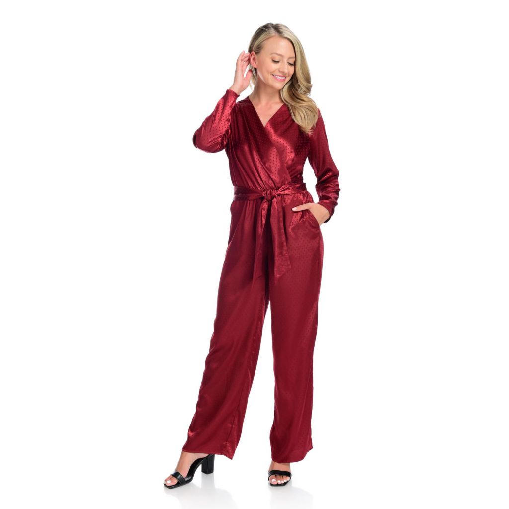 Kate Mallory Woven Long Sleeve Surplice Neck Tie Waist 2 Pocket Jumpsuit