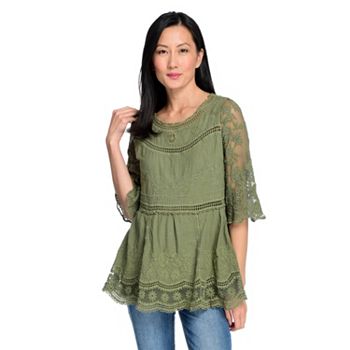 Gorgeous Greens St. Patrick's Day Style - 744-944 Indigo Thread Co.™ Woven & Mesh Lace Trimmed & Embroidered Top w Knit Tank - 744-944