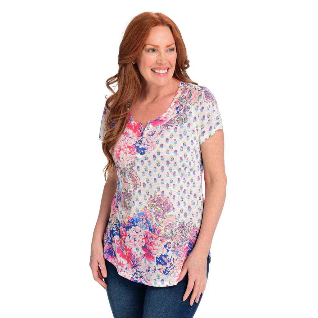 One World Slub Knit Short Sleeve Sublimated Print Shirttail Tee on sale at  shophq.com - 763-230