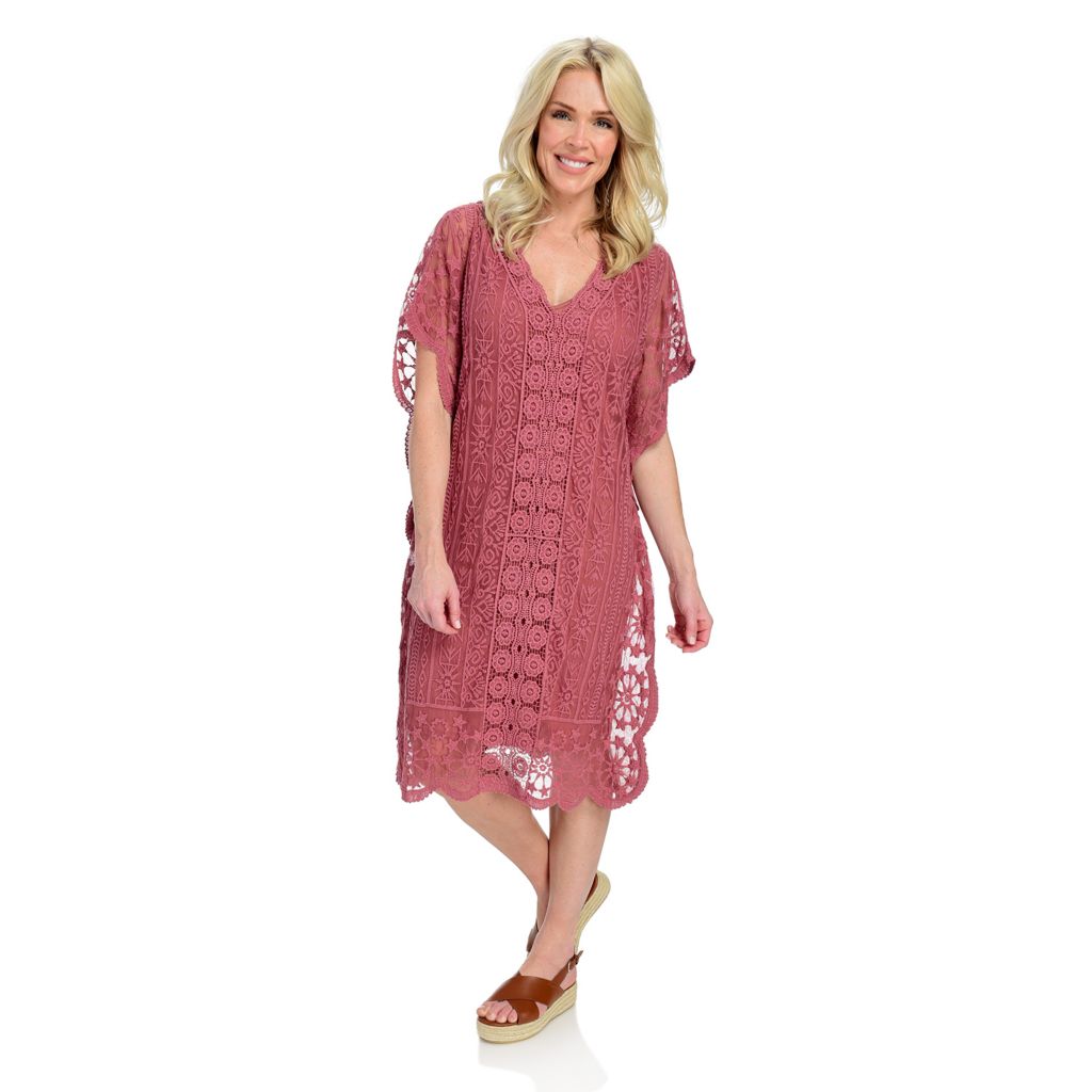 Indigo Thread Co.™ Embroidered Mesh & Lace Scalloped Edge V-Neck Caftan  Dress w/ Knit Slip - ShopHQ.com