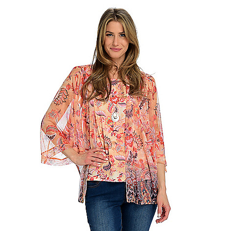 One World, Mesh 3/4 Sleeve, Open Front, Kimono, Knit Tank, & Necklace Set  on sale at shophq.com - 747-683
