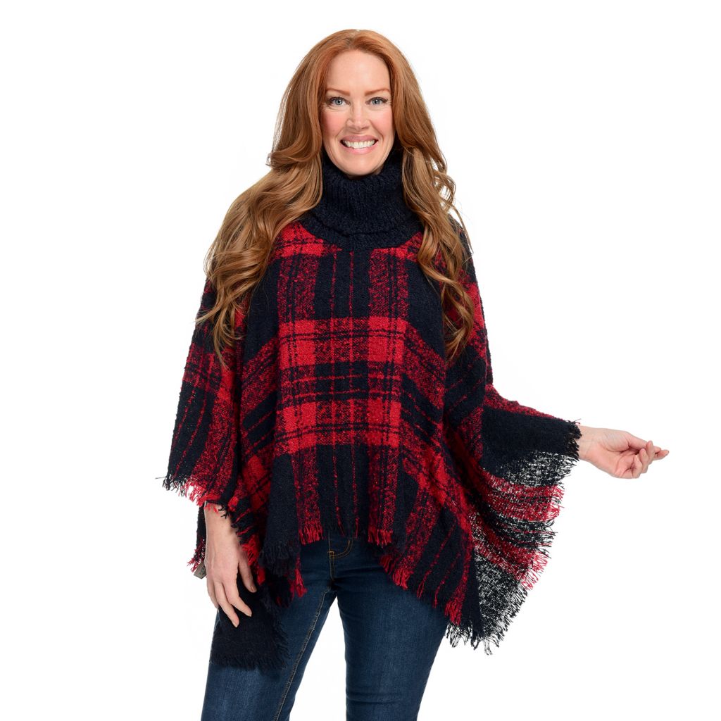 JC Sunny, Boucle Knit, Cowl Neck, Fringe Trim, Plaid Poncho on sale at  shophq.com - 750-436