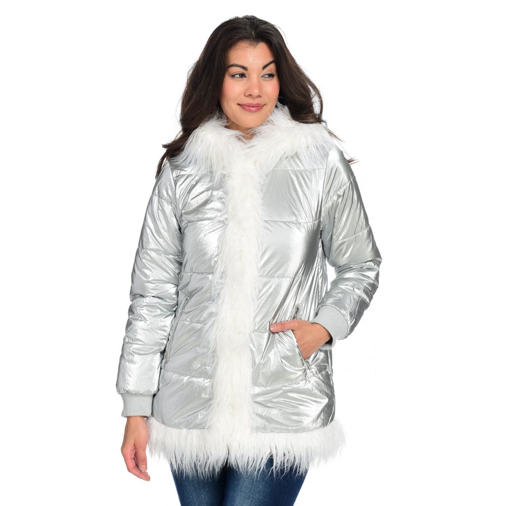 Donna Salyers Fabulous Furs Metallic Silver Faux Fur Trimmed Hooded Puffer Coat ShopHQ