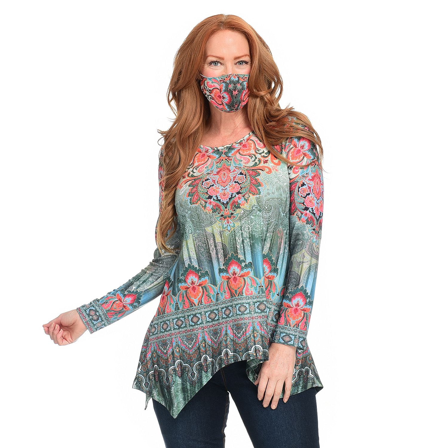 (ShopHQ) One World Printed Knit Long Sleeve Hi-Lo Tunic & Mask Set ...