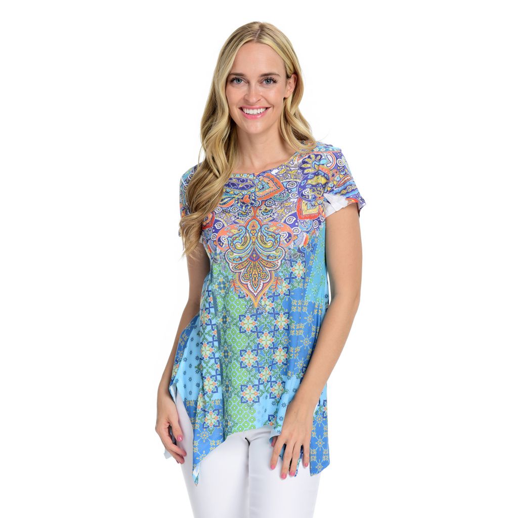 One World Printed Knit Short Sleeve Cage Drape Back Top on sale at  shophq.com - 763-690 in 2023