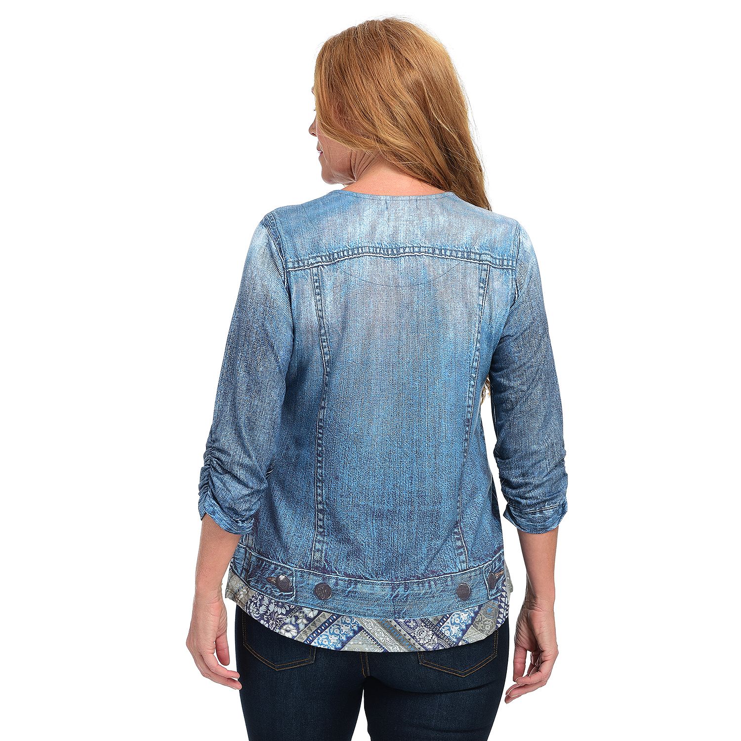 (ShopHQ) One World Stretch Knit Faux Jean Jacket Scoop Neck Top ...