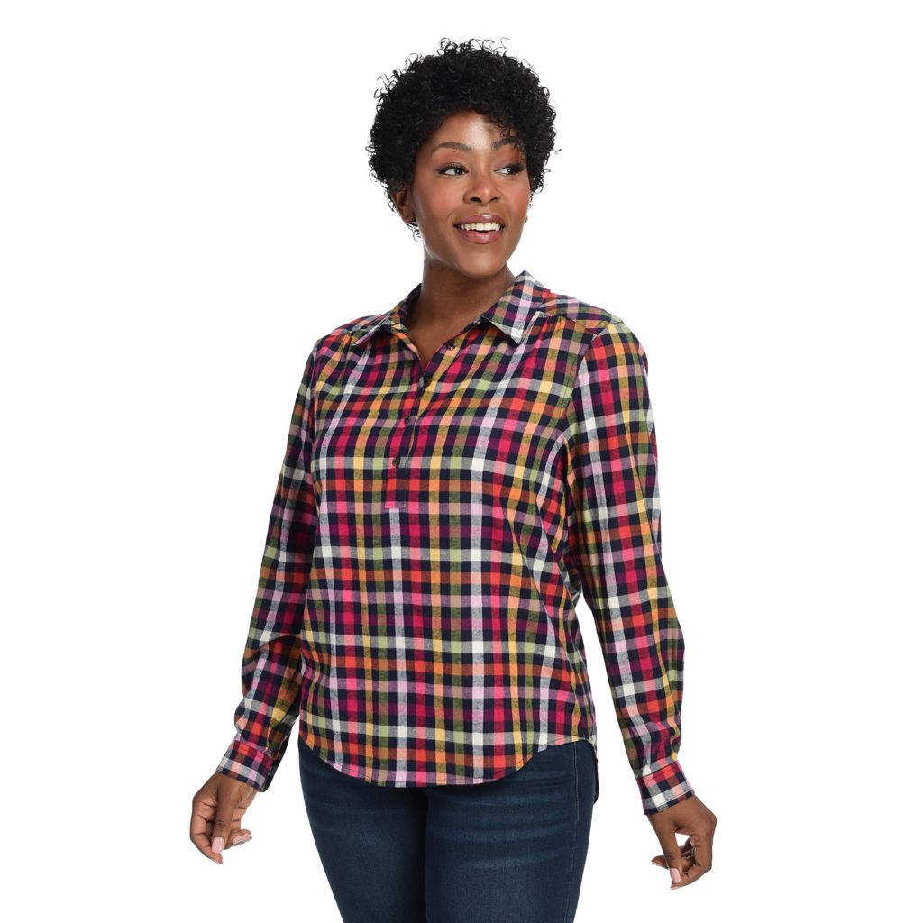 C&B Long, Sleeve Button Back, Plaid Shirt