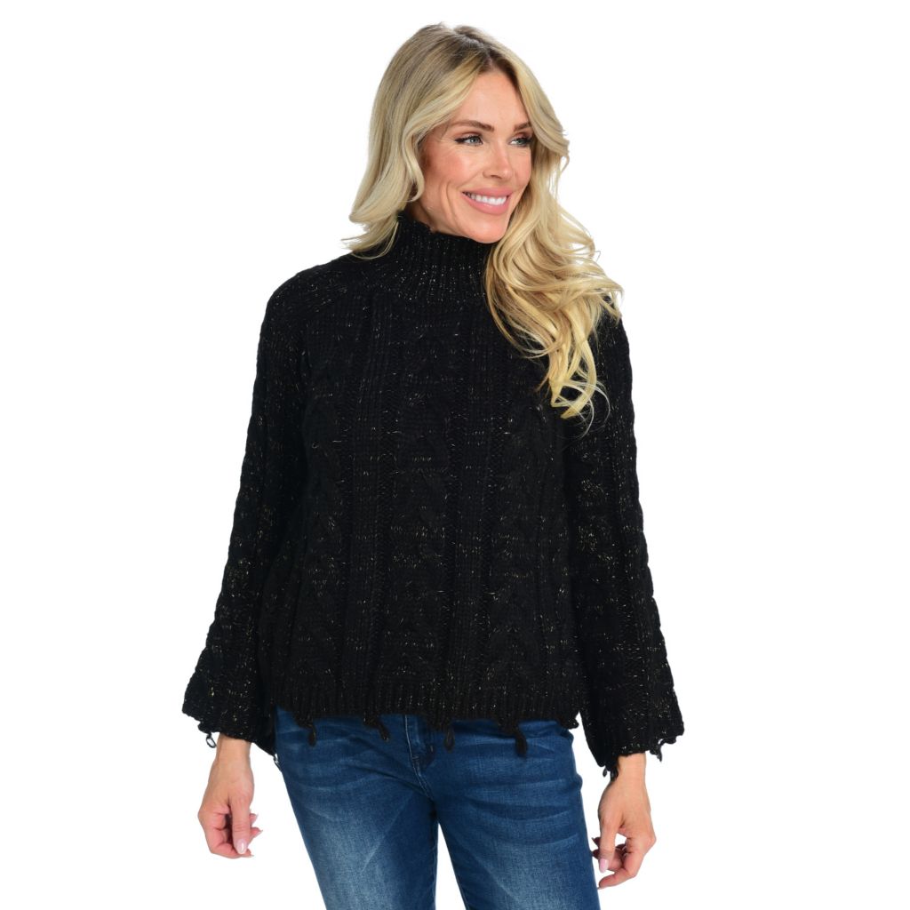 Elan Distressed Cable Knit Bell Sleeve Mock Neck Sweater 