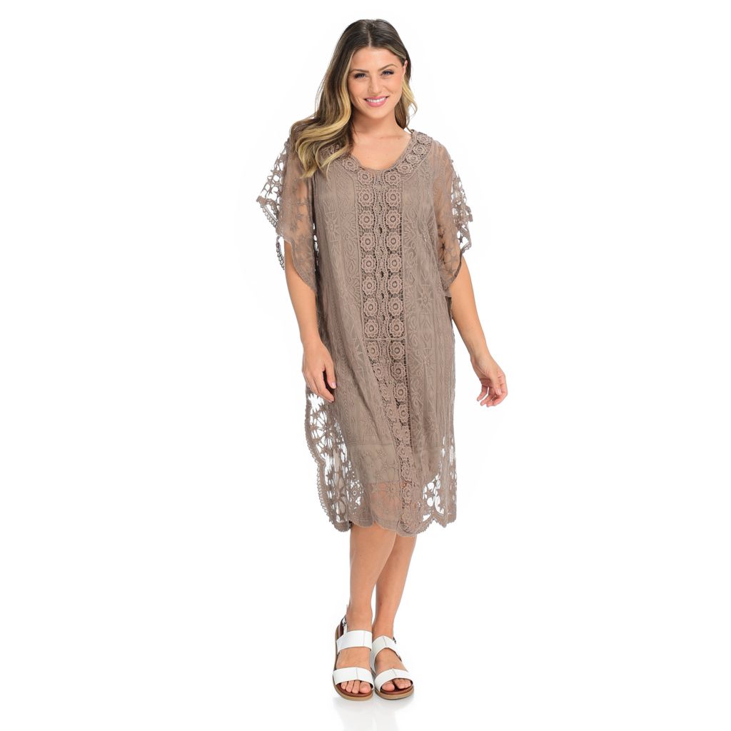 Indigo Thread Co.™ Crochet Caftan Dress w/ Stretch Knit Slip - ShopHQ.com