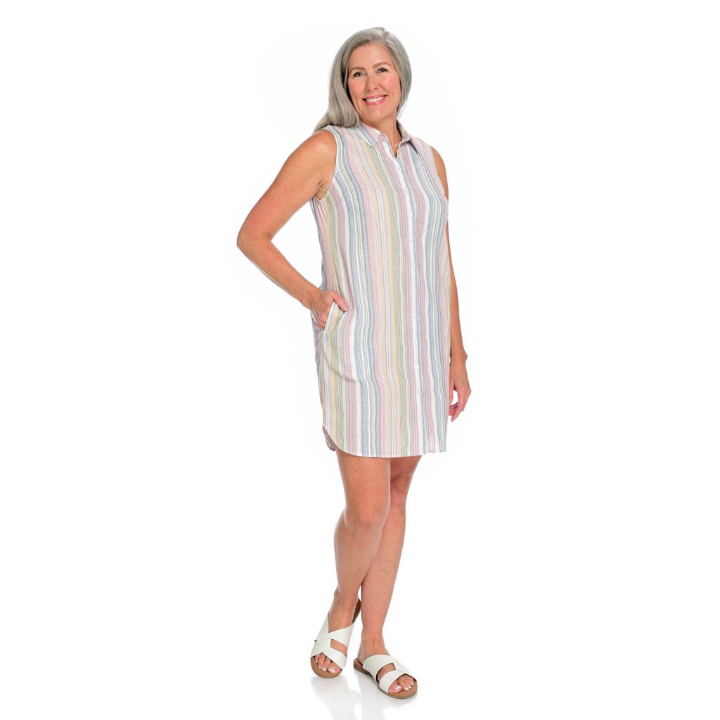 Christopher & Banks - C&B Dobby Stripe Sleeveless Shirt Dress - ShopHQ