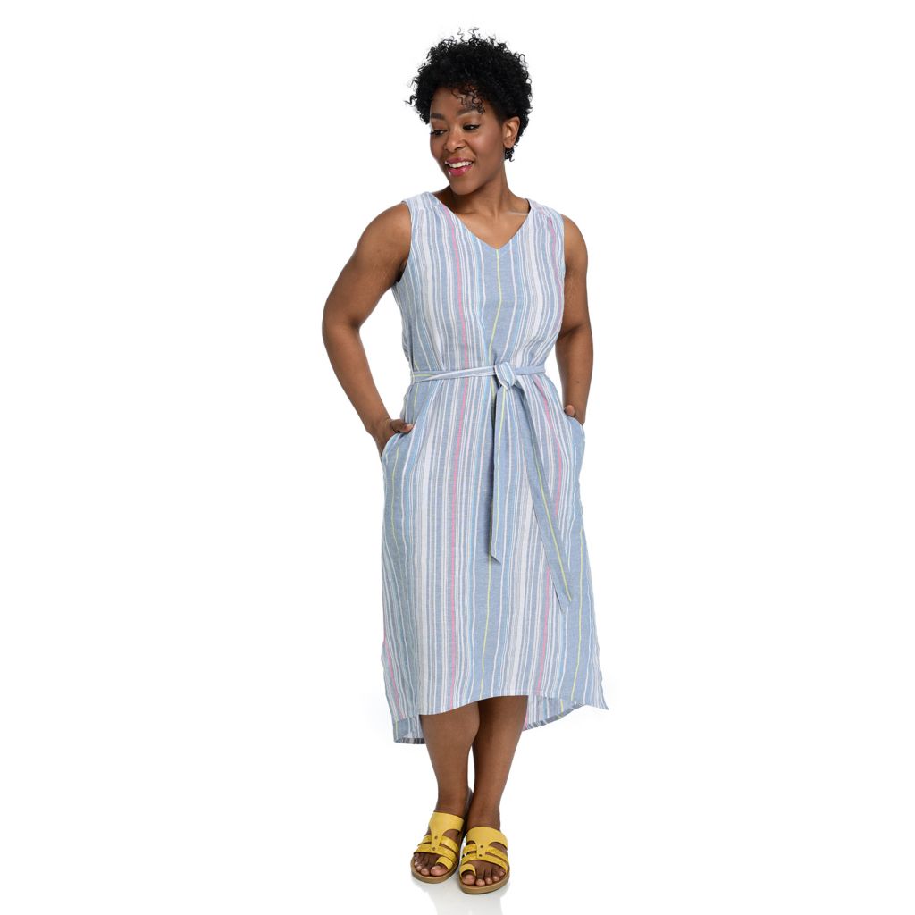 Linen Blend Stripe Dress in Blue