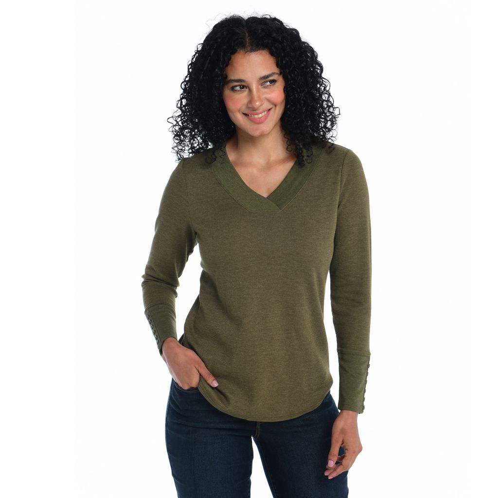 C&B Long Sleeve Button Cuff V-Neck Thermal Tee 