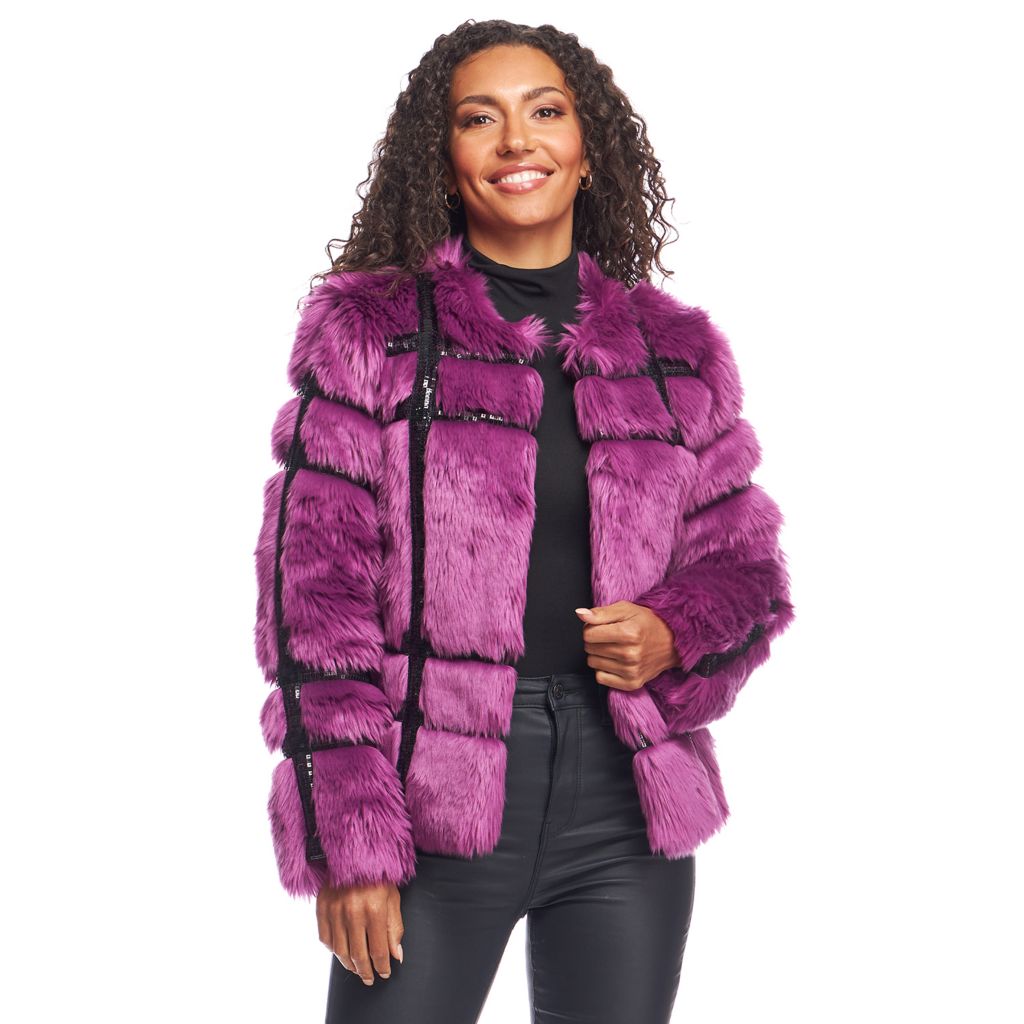 Pink faux fur hooded sequin jacket best sale