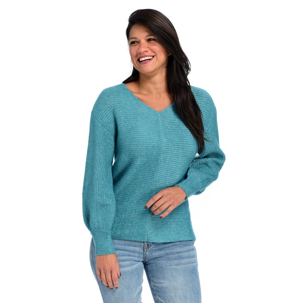 Balloon sleeve v neck sweater sale