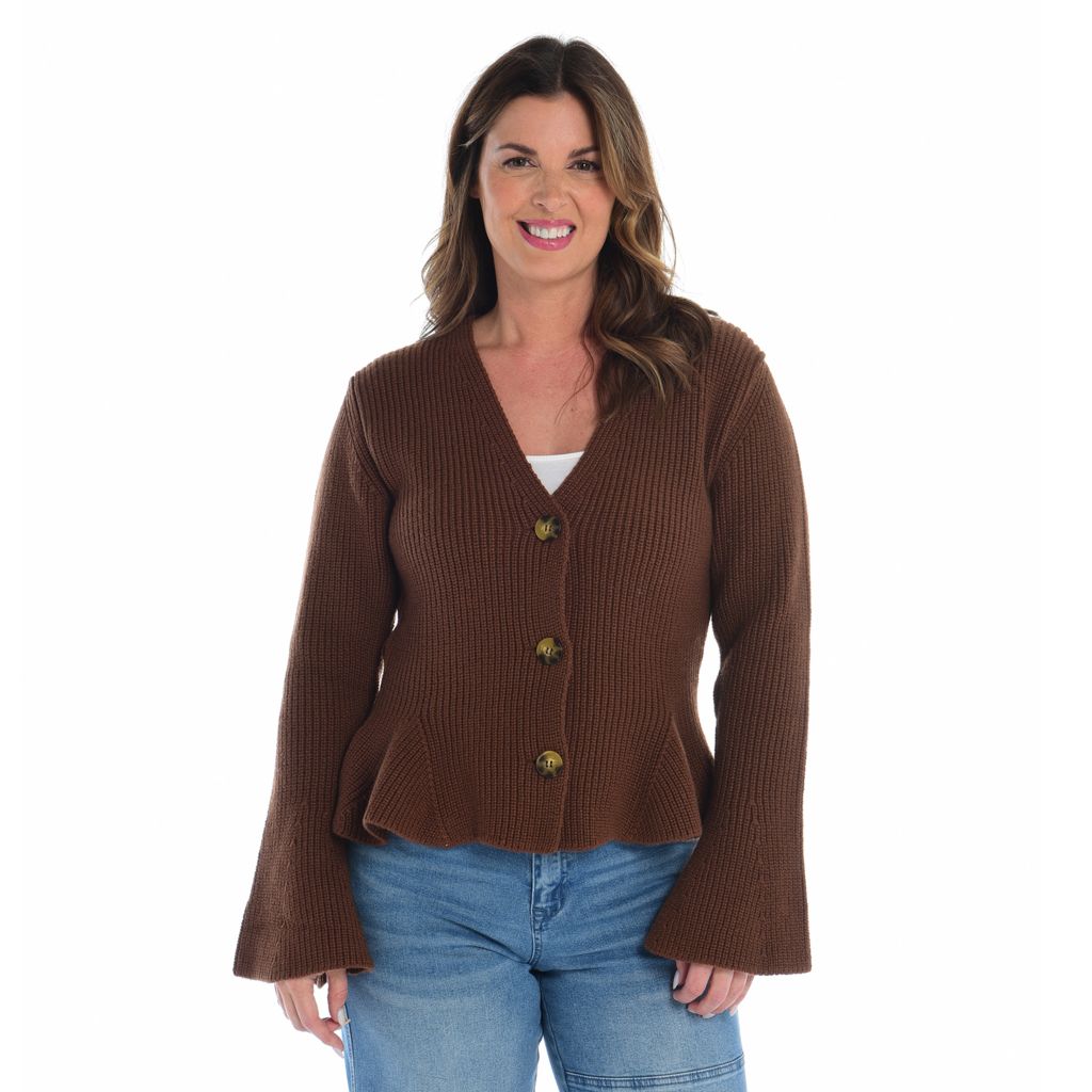 Kate & Mallory® Women's Knit Long Sleeve Peplum Cardigan Sweater Medium In Brown