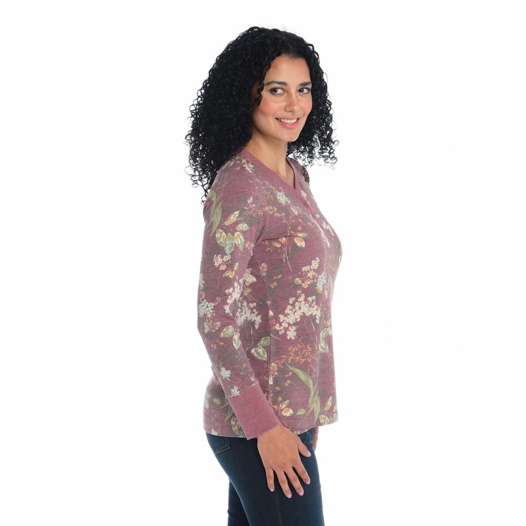 Button V Neck Long Sleeve Thermal Floral Top