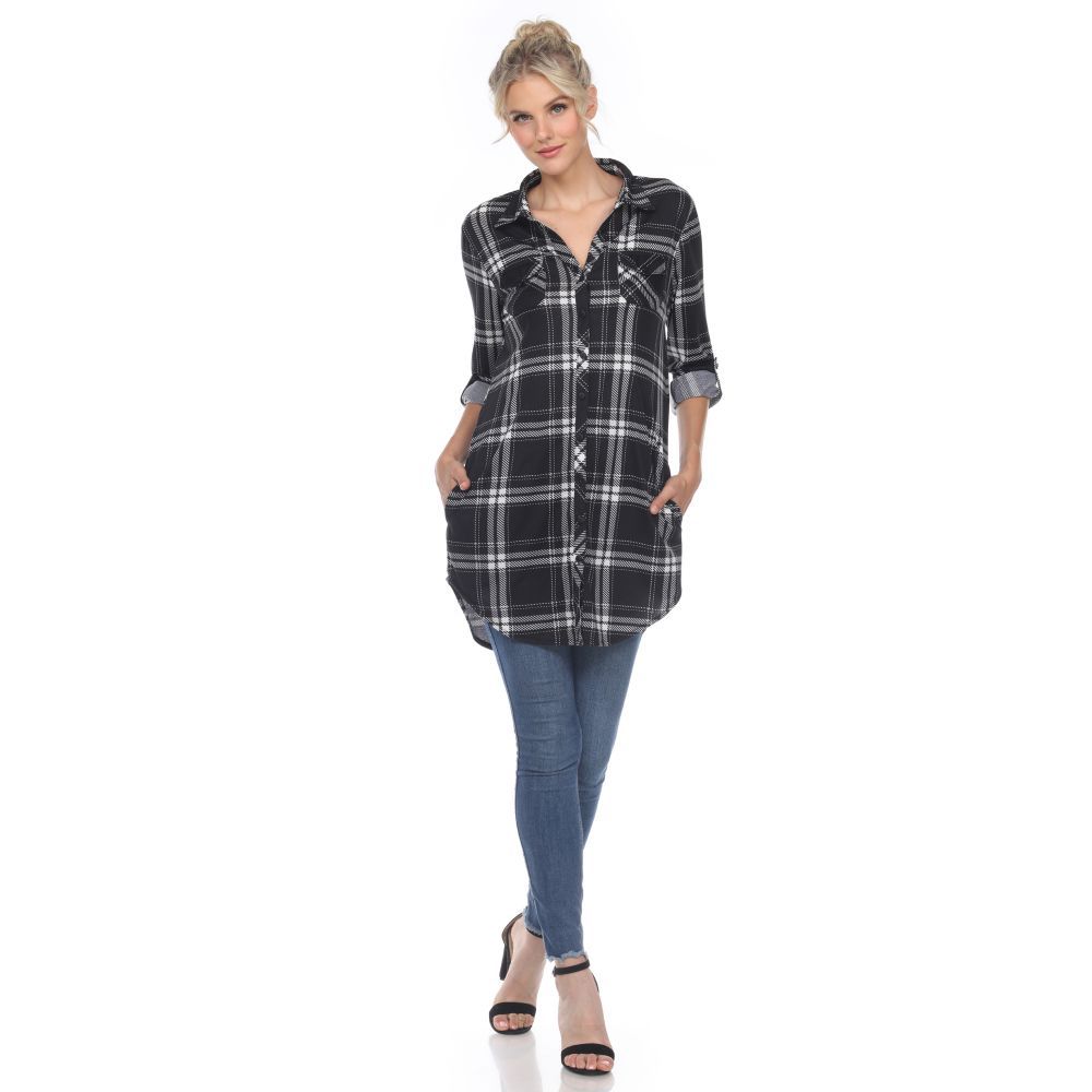 White Mark Plaid Tunic Button Down Shirt ShopHQ